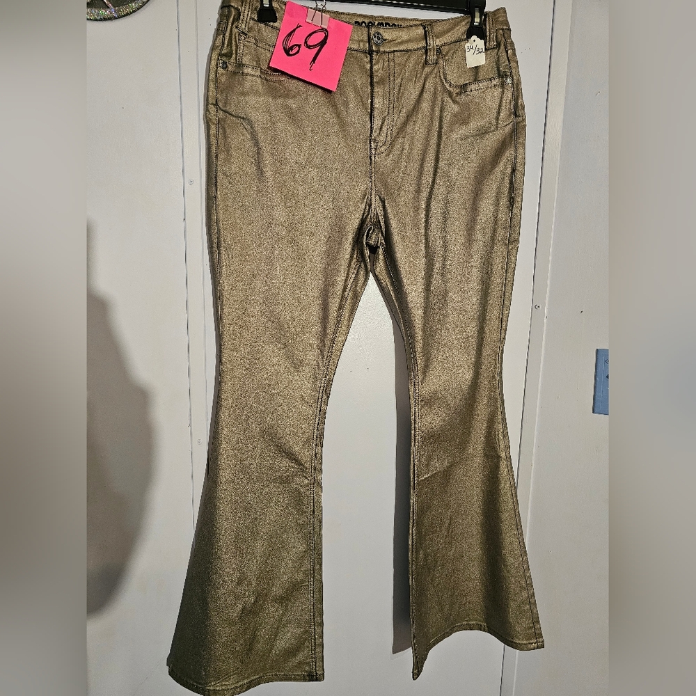 Rock & Roll Denim Silver Shiny Bell Bottom High Rise Flare 34x32